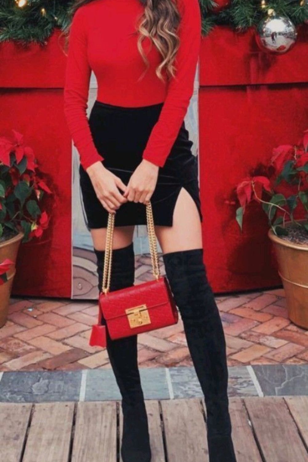 black skirt, red shirt, black boots